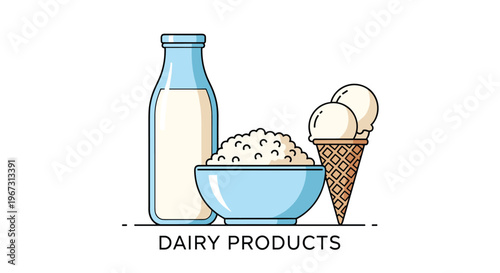 Assorted dairy products including fresh milk in a glass bottle, a bowl of cottage cheese, and a double scoop vanilla ice cream cone on white.