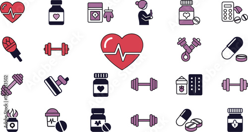 Colorful Set of Health, Fitness, and Wellness Icons Including Heart Rate, Pills, Exercise, and Supplements for Medical, Lifestyle, and Fitness Design Projects