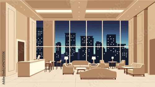 Evening hotel lobby with large city view windows comfortable seating and reception desk vector illustration
