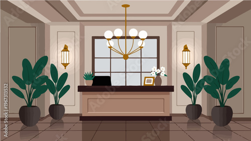 Elegant hotel lobby with reception desk potted plants chandelier and large window vector illustration