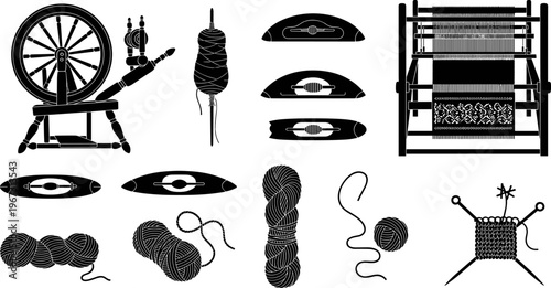 Vintage weaving and spinning equipment silhouette collection featuring traditional spinning wheel, wooden loom, yarn balls, thread spools, knitting needles, and textile craft tools for handmade hobby.