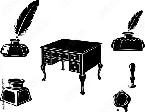 Vintage writing desk vector illustration collection featuring antique wooden furniture with drawers feather quill pen in inkwell bottle wax seal and stamp icons.