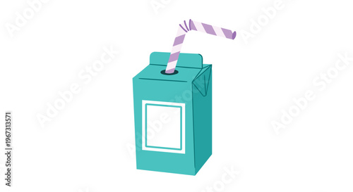 Simple turquoise milk or juice carton box with a purple striped straw inserted in the top hole for a quick and convenient beverage on the go.