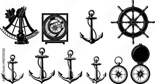 Vintage nautical vector collection featuring black and white silhouettes of maritime anchors, ship wheels, navigation compasses, sextant instruments, and marine equipment for ocean adventure designs.