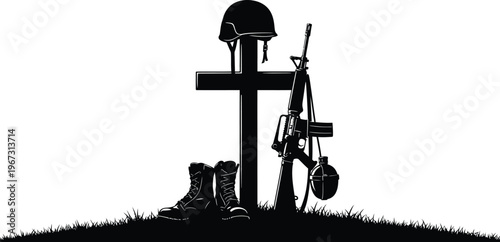 Memorial day remembrance silhouette of military cross rifle and boots