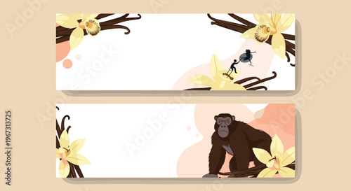 Elegant horizontal banner templates featuring delicate yellow vanilla orchids and brown beans with a large mountain gorilla and small figures.