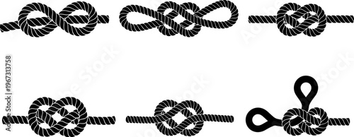 Collection of Nautical Rope Knot Vector Silhouettes Including Figure Eight Bowline and Square Knots for Marine Sailing Decorative Border Design and Marine Graphic Elements