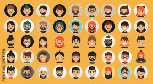 Large collection of fifty diverse circular avatar icons featuring men and women with various hairstyles, facial features, and ethnic backgrounds.