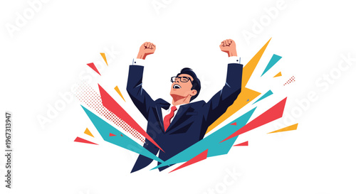 Enthusiastic businessman in a suit celebrating success with raised fists amidst a background of dynamic colorful geometric shards and splatters.