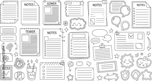 Cute Notes and Paper Stationery Stickers Set with Checklists, Speech Bubbles, Stars, and Decorative Icons for Journaling and Scrapbooking