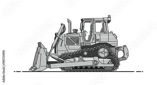 Detailed side view illustration of a heavy-duty industrial bulldozer on tracks designed for large-scale construction, earthmoving, and mining projects.
