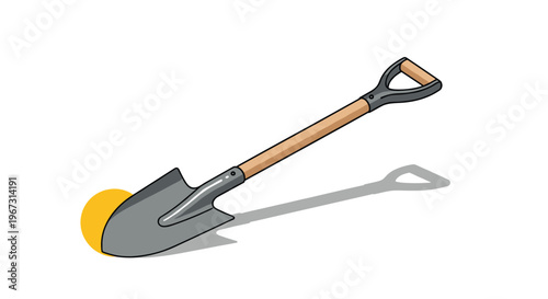 Classic garden shovel with a pointed metal blade and a sturdy wooden handle casting a shadow on a simple white background with a yellow circle.