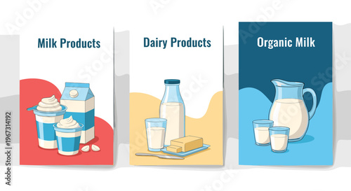 Set of three vertical marketing banners promoting milk products, organic milk, and dairy items with colorful backgrounds and clean typography designs.