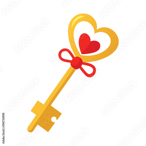 Gold Heart Key with Red Ribbon Clipart Vector Illustration – Romantic Love Symbol Cartoon Line Art Design