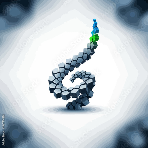 Abstract spiral structure composed of geometric shapes with vibrant color accents.