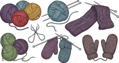 Hand-Drawn Knitting Set with Yarn Balls, Needles, Mittens, and Scarf for Crafting, DIY Projects, and Textile Design