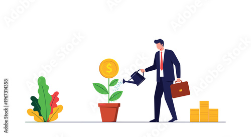 Ambitious businessman watering a potted plant that grows a large gold dollar coin symbolizes financial growth, investment, and wealth accumulation.