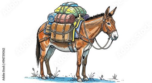 Brown donkey carrying colorful camping gear on its back  