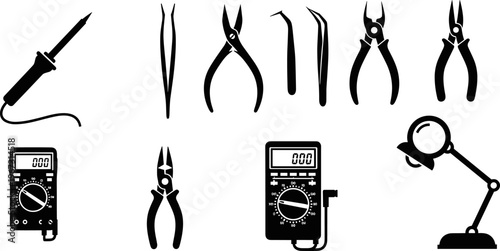 Electronics repair tool set with soldering iron, digital multimeter, precision tweezers, wire cutters, pliers, and desk lamp icons isolated on white background for technical vector illustration.