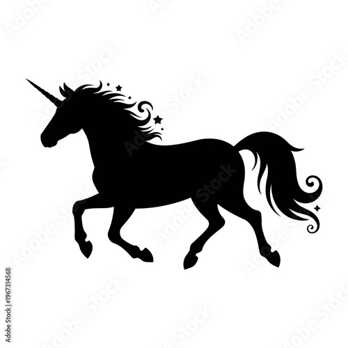Mighty black unicorn vector with a flowing mane and star details standing majestically.