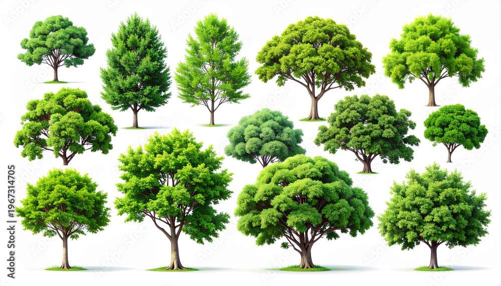 Fototapeta premium Assorted green deciduous trees with detailed foliage on white background