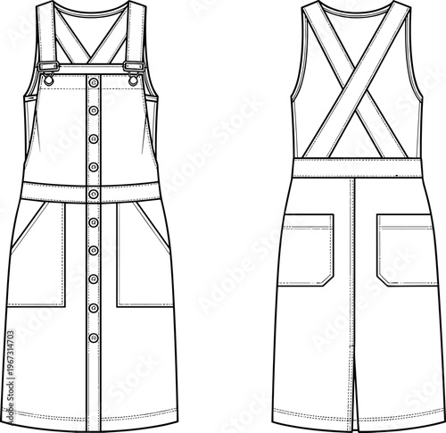 Denim pinafore dress vector technical sketch front and back view with button down front cross straps and patch pockets illustration