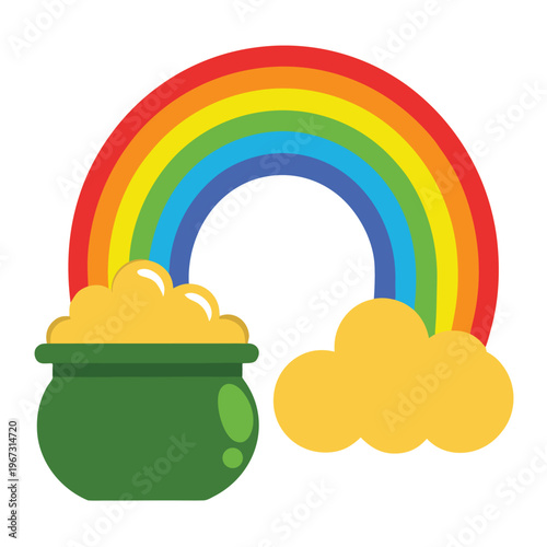 Pot of Gold at End of Rainbow Vector Illustration Cartoon Clipart Line Art Symbol of Success Fortune and Happy Ending Printable Design