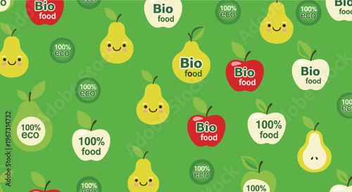 Cheerful seamless pattern featuring cute cartoon apples and pears with smiling faces and bio food eco-friendly labels on a vibrant green background.