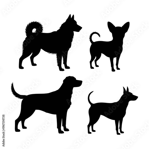 Vector of silhouettes of four different dog breeds standing side by side
