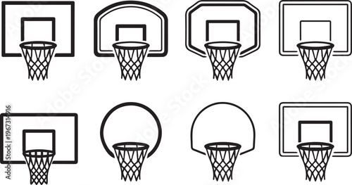 Black silhouette illustrations of basketball hoops and backboards isolated on transparent background