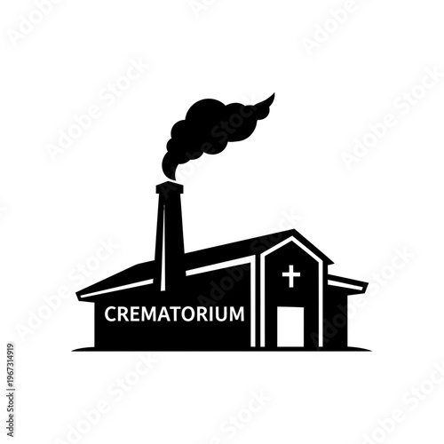 Crematorium building with smoke stack symbol of death and mourning final resting place.
