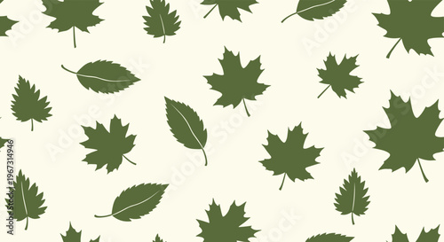 Simple seamless pattern of various dark green leaf silhouettes scattered across a light cream background ideal for nature-inspired textiles and wallpapers.