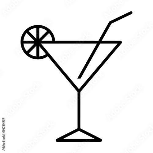 Vector drawing of a stylish cocktail glass with a lemon slice and a straw