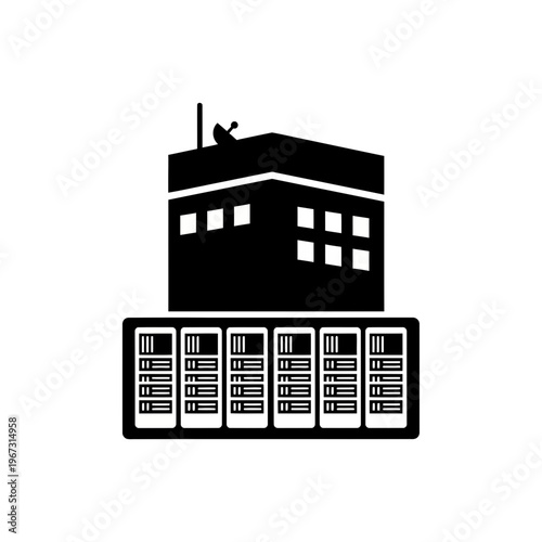 Data center building with server racks representing modern technology infrastructure.