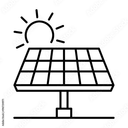 Vector of a solar panel with the sun shining brightly above in a simple line drawing