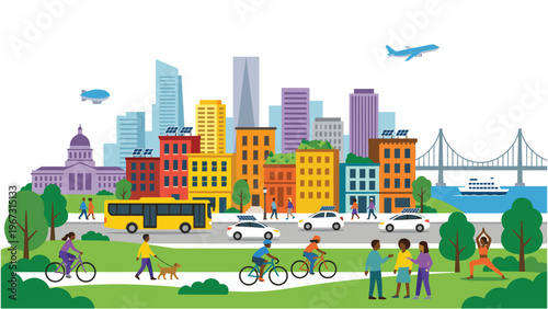 Cityscape with green park and people engaged in various outdoor activities.