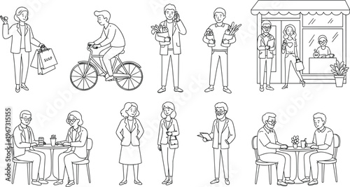 Everyday Life and Social Interaction Illustrations Set with People Shopping, Cycling, Dining, and Engaging in Casual Conversations