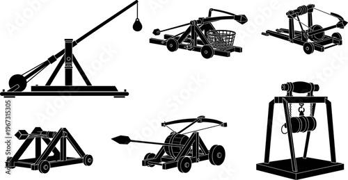 Highly detailed black silhouette vector illustrations of medieval siege engines including wooden catapults, ballistas, trebuchets, and heavy battering rams isolated on a white background for history.