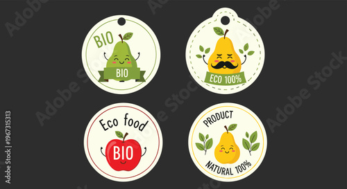Set of four circular eco-friendly food labels featuring cute smiling pears and apples with bio, natural, and one hundred percent product text.