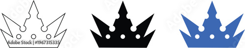 Set of spiked crown icons in outline, black silhouette, and blue flat design styles