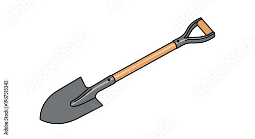 Standard garden shovel or spade with a metal blade and wooden D-handle shown at an angle on a white background for gardening tasks and landscaping.