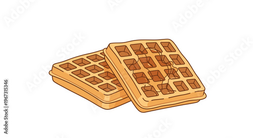 Two golden-brown square Belgian waffles stacked together with a light drizzle of clear honey or syrup on top for a delicious breakfast treat.