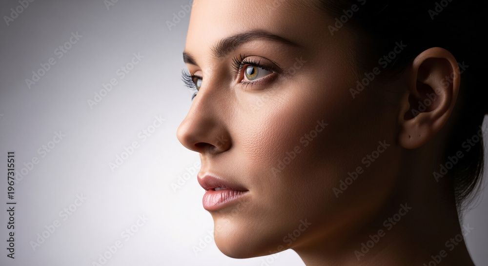 Fototapeta premium Captivating profile of a young woman, highlighting her serene beauty, natural complexion, and thoughtful gaze against a soft, luminous background