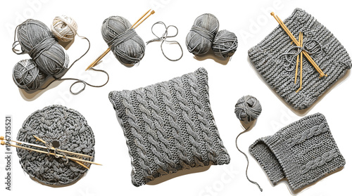 Gray Knitting Set with Yarn Balls, Needles, and Pillow for Crafting, Textile Design, and DIY Projects