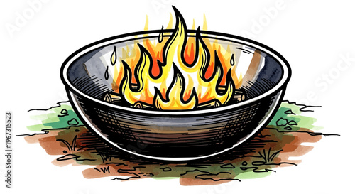Fire burning in a bowl on grass during outdoor gathering  
