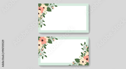Two elegant horizontal banners decorated with soft pastel floral corners and greenery on a light mint green frame ideal for wedding invitations.