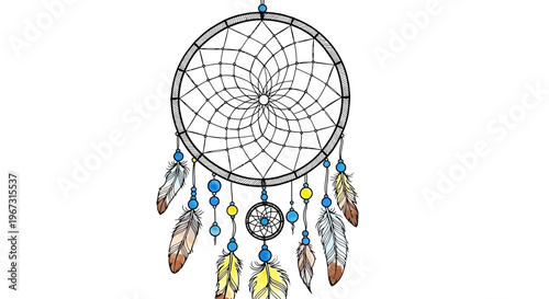 Dream catcher with colorful beads and feathers in bohemian style  
