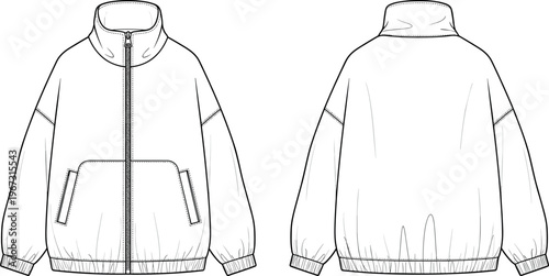 Technical fashion flat sketch of an oversized zip up bomber jacket with drop shoulders and elasticated hem for apparel design.