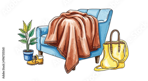 Cozy blue armchair with blanket, plant, and stylish handbag  