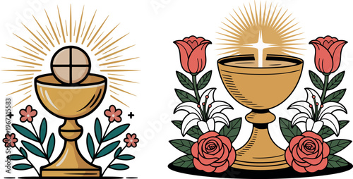 Golden chalice with host and radiant light surrounded by flowers